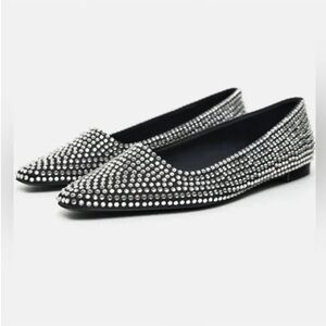 ZARA rhinestone embellished Black and Silver pointed Flats size 39